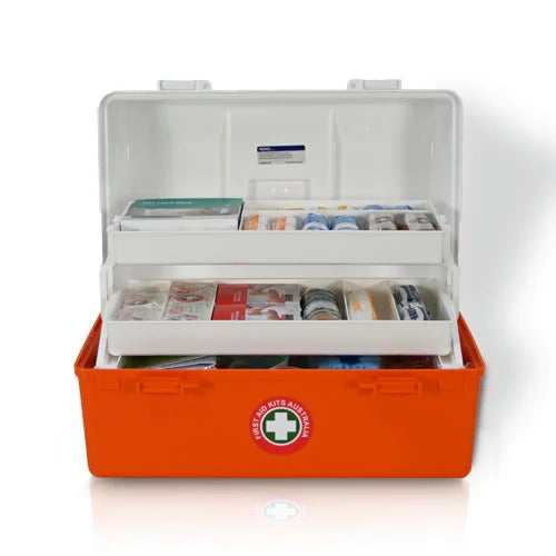 Portable plastic toolbox First Aid Kit. Orange and beige with inner trays.